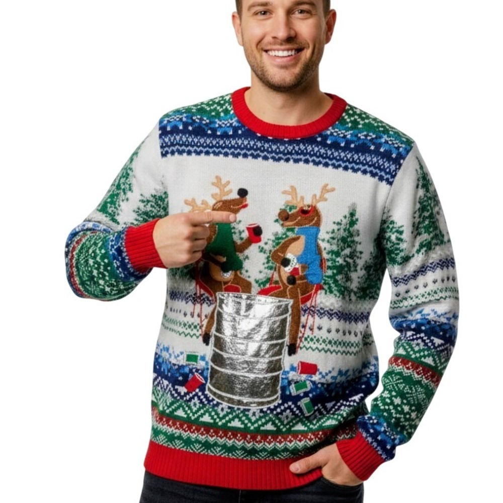 Blizzard Bay Moose Drinking Beer Christmas‎ Sweater with Pocket Large SKUM028